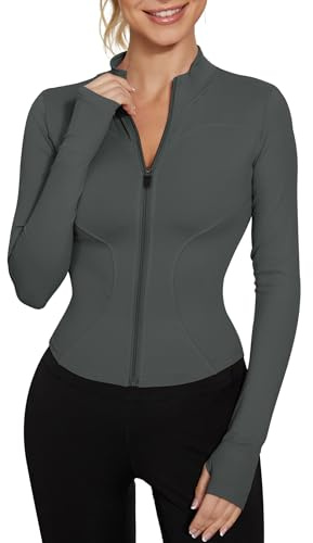 IECCP Sportjacke Damen Langarm Crop Top Yoga Fitness mit Reißverschluss | Figurbetonte Crop-Sportjacke, Yoga und Laufen, Durchgehender Reißverschluss, Daumenlöcher, Leichtes Stretchmaterial