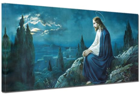 QBQT Home Office Decor Jesus Christus Blau Kunstwerk Leinwanddruck Wohnzimmer Wandkunst Christus auf dem Berg der Oliven Jesus bei Nacht Landschaft Bild Gebetszimmer Wanddekoration Rahmen 50,8 x 101,6