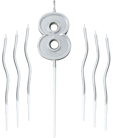 Vela de Cumpleaños Número 8, Plata Vela con Números de Cumpleaños para Decoración de Tartas de Cumpleaños, Baby Shower, Boda, Aniversario, Graduación, Festival