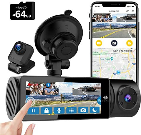 Z-Edge T3P 3 Kanal 4K Dashcam mit WiFi GPS, Vorne Innen Hinten 1600P+1080P+1080P, IPS Touchscreen, IR Nachtsicht, Superkondensator, Unterstützt max. 512GB (64GB Speicherkarte enthalten)