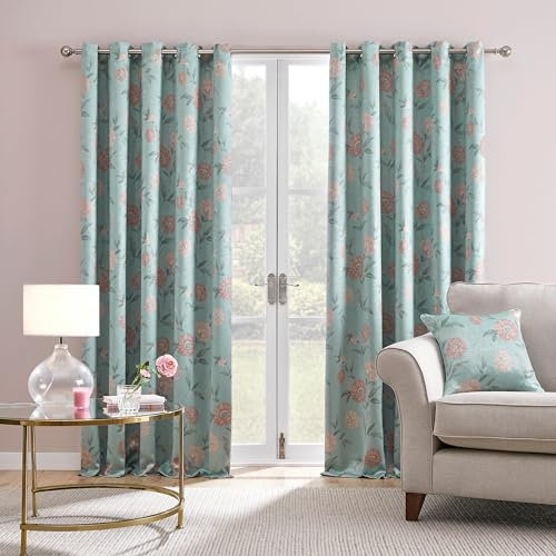 Dreams & Drapes - Duck Egg Floral Curtains W66 x L54 (168 x 137cm) - 2x Panels - Flower Eyelet Drapes for Bedroom and Living Room - Traditional Vintage With Pink Floral