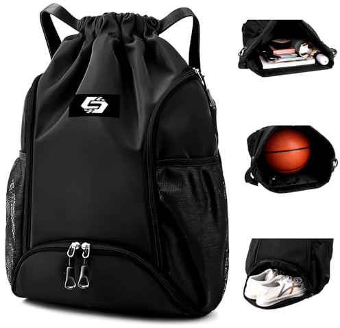 Keyck Sacca Sportiva, Borsa Palestra Impermeabile Zaino Sportivo Coulisse per Uomo Donna, Zaino Palestra con Portascarpe e Scomparto Bagnato, Grande Sacche Borsone Calcio per Spiaggia Viaggio, Nero