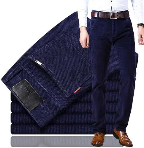 Beautyhis Pantalon en velours côtelé coupe classique pour homme, pantalon droit extensible avec poches, bleu, 42