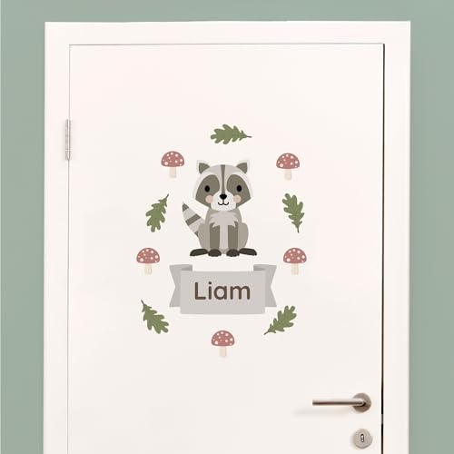 Klebekerlchen® Türaufkleber personalisiert mit Namensschild – Türschild Kinderzimmer & Babyzimmer Wandtattoo – selbstklebende Wandsticker - Kinderzimmer Deko Junge & Mädchen – Waschbär