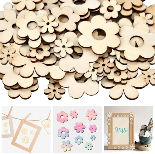 FTISSLY 150 Stück Holzblumen Scheiben Streuteile holz Blumen 4/3/2CM Streudeko holz Blumen Naturholzscheiben Blume zum Basteln Tischdeko Verschönerungen Holzscheiben Deko für DIY Handwerk Weihnacht