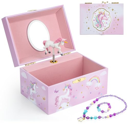 Homtibrm Musikalische Schmuckbox für Mädchen mit Einhorn-Schmuckset, Schmuckbox für Kinder mit Regenbogen-Pony, Geburtstagsgeschenk für Mädchen, Einhorn-Stern