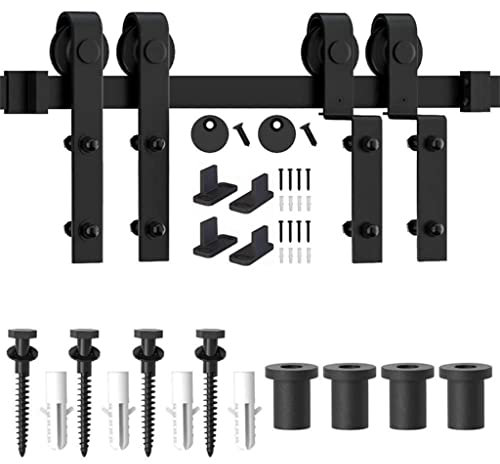 Bypass Barn Door Slides Hardware Kit 1200-4870mm Sliding Door Hanging Track System J-Shaped Roller Rails for Double Door (Color : Black, Size : 7.5FT 2285mm)