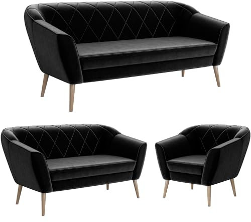 MEBLINI Mini Sofa Set 3-2-1 für Wohnzimmer - Mini Lounge für sechs Personen - Küchensofa - Sofa Klein - Sitzgarnitur - Polstergarnitur - Sofagarnituren - Gisela - 3+2+1 - Schwarz Samt