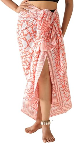 THE ART BOX Paréo 100% Coton pour Femme, imprimé Main Indienne, paréo, Cache-Maillot de Bain Long (185,4 x 109,2 cm), Orange, Taille Unique