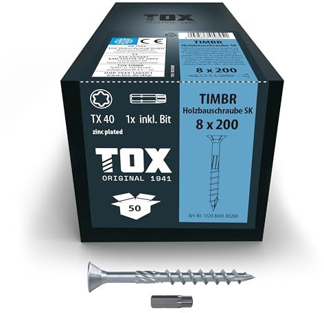 TOX Holzbauschrauben TIMBR SK 8,0 x 200 mm, 50 Stk. | Blau verzinkt, Senkkopf TX40, für Holzbau, leichtes Eindrehen und bündige Montage, inkl. Bit, 1120404180200