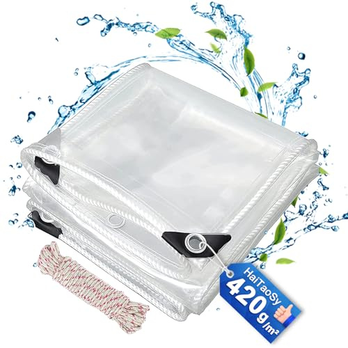 Telone Impermeabile Trasparente con Occhielli 3x6m, 420g/m² in Materiale PVC, Telone Trasparente per Esterni, Telone Premium con Corda, per Mobili da Giardino, Piante, Gazebo, Balcone