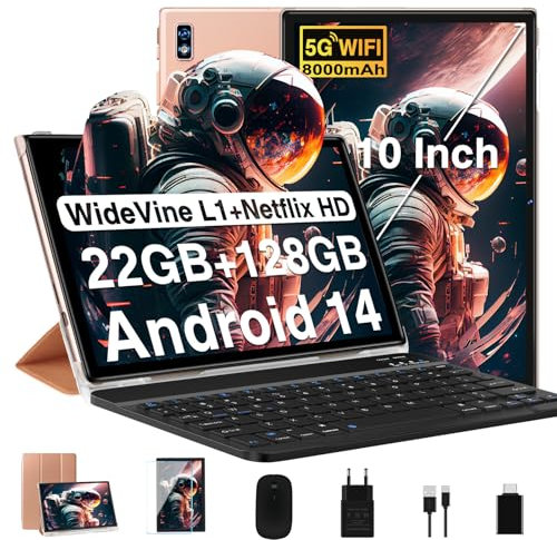 Nouvelle 2025 Tablette 10 Pouces Android 14 avec 22Go RAM+128Go ROM(TF/2To),Tablette Tactile avec 5G+2.4G WiFi, Octa-Core 2.0Ghz, 8000mAh, GMS, Widevine L1,BT5.0,Tablettes avec Clavier Souris-Or Rose