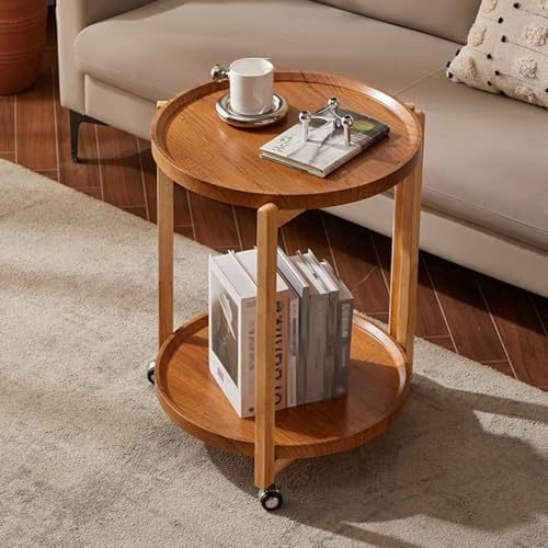 Farmhouse Beistelltisch aus Holz mit Rollen und Ablage, kleiner, runder Beistelltisch für Wohnzimmer, Schlafzimmer, rustikaler Nachttisch, Couchtisch, 2-stöckiges Design, 43 x 43 x 65 cm