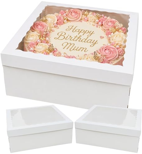 Faves Craft 16 Cake Box with Window Lid, 40.5 x 40.5 x 15 cm, White Square for Birthdays, Christmas, Weddings (2)