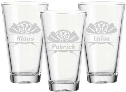 LUXENTU Trinkgläser mit Gravur, Dartscheibe & Pfeile Motiv, 300 ml, 3 Stück | Personalisierte Universalgläser für Kinder, Erwachsene & Dartsfans, Spülmaschinenfest