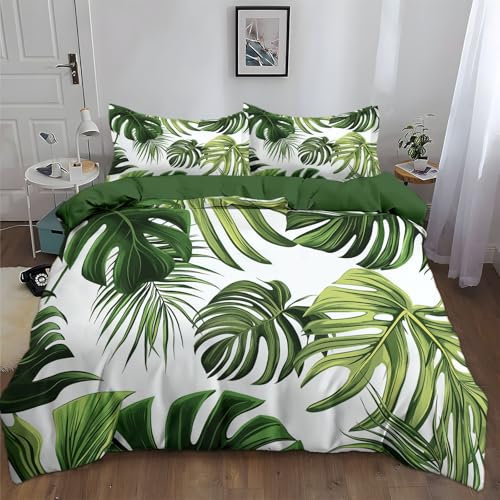 CozyRest Dunkelgrün Bettwäsche 135 x 200 cm Reversibel, Tropische Monstera-Blätter Mikrofaser Bedruckte Bettbezug Set 3 teilig - 1 Flauschige Bettbezug und 2 Kissenbezug 80x80 cm Weich und Bügelfrei
