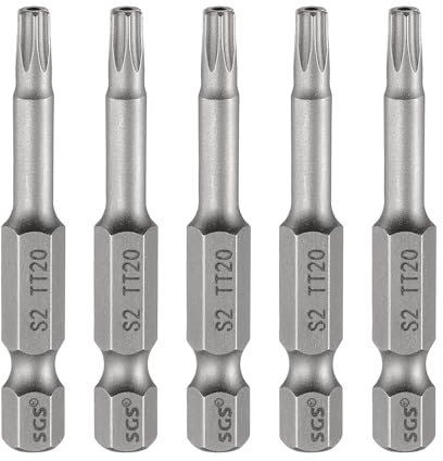 sourcing map 5pcs TT20 Security Torx Head Screwdriver Bit 2 (50mm) Long 1/4 Hex Shank Magnetic Tamper Proof 6 Point Star Screw Driver Drill Bits S2 Steel Hole Tip Industrial Power Tools