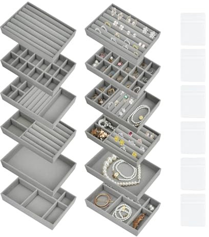 Jiayaus 7 Pezzi Vassoio per Gioielli con 6 Sacchetti portagioielli, Organizer per Gioiell impilabilei, Cassetto per la Conservazione dei Gioielli per Conservare e Presentare Orecchini, Collane, Anelli