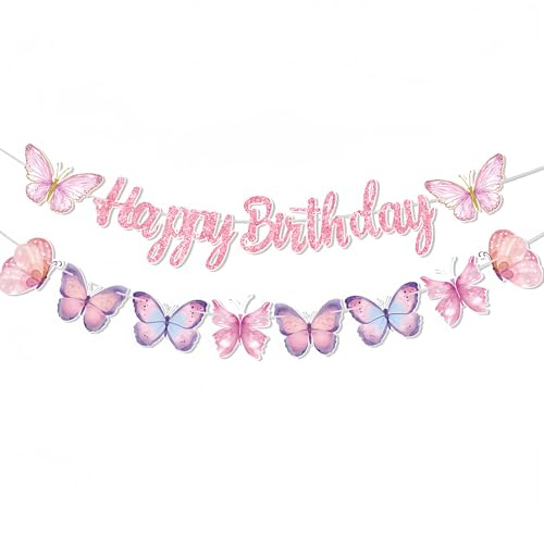 Torytoe fjäril dekoration födelsedag 2 stycken fjäril girlang födelsedag grattis på födelsedagen banderoll födelsedagsdekoration flicka Happy Birthday-girlang för barn, flickor, kvinnor och vuxna