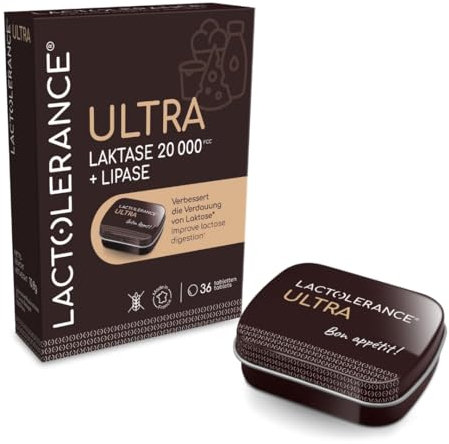 LACTOLERANCE ULTRA – Hochdosierte Laktase (20.000 FCC) & Lipase (500 UI) – Optimale Verdauung von Laktose & Fetten – 36 Tabletten im Nachfüllbaren Metallbehälter