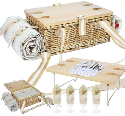 HYBDAMAI Set di cestini da picnic con tavolo pieghevole e set di posate, cestino da picnic per 4 persone con tasche fredde, cestino in vimini con manico, set regalo per picnic, campeggio, attività