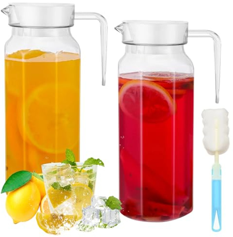 2er-Pack 1,1L Acryl-Krug mit Deckel - Klare Wasserkrüge mit Griff Wasserkrug Getränkekrug Saftbehälter Nicht-Verschüttungs-Kühlschrankkrug für Heiß-/Kaltgetränk Eistee Kaffee Milch Limonade