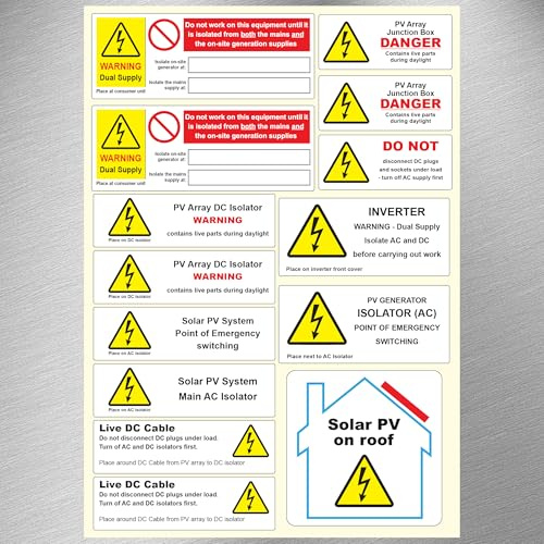 Solar PV System Installation Warning Label Set - A4 Sheet - Price per Pack of 140 Labels (14 Designs / 10 Sheets per Pack)