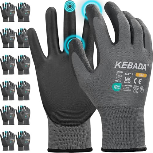 Kebada gants de travail homme/femme tactiles, revêtement PU, W1, 12 paires | Gris, Taille 11/XXL, maille respirante, prise antidérapante pour jardinage, mécanique, entrepôt, conduite & chantier