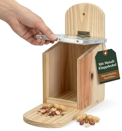 MIJOMA Futterstation für Eichhörnchen – mit Metall-Klappdeckel – aus Tannenholz – für Garten, Balkon und ganzjährige Fütterung