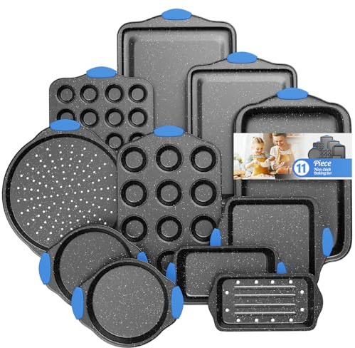 11-Piece Professional Stackable Baking Set, Oven-Safe Nonstick Cookware with Cool-Touch Handles - Features Cookie Sheet, Cake Pan, Muffin Tin, Pizza Stone & Bread Loaf Pan, Black&Blue