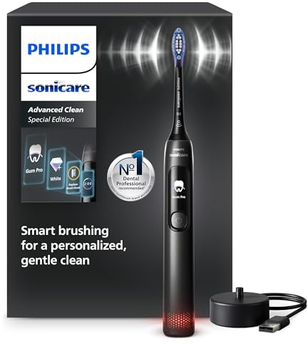 Brosse à dents électrique Philips Sonicare AdvancedClean série limitée – écran intelligent, capteur de pression, tête de brosse de rechange, 5 modes de brossage et SmarTimer, noir, modèle HX3792/11