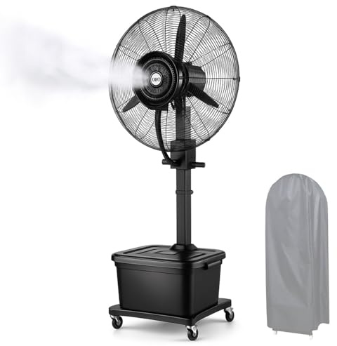 Ventilador de piso, ventilador de pie con rociador de niebla, 3 velocidades ajustables, tanque de agua grande, ideal para refrigeración exterior y uso industrial.