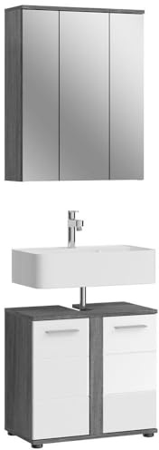 Lomadox Badkombination 2-teilig, in Rauchsilber Nachbildung mit Front in weiß Hochglanz tiefzieh, Höhe 191 cm, Badmöbel-Set, Spiegelschrank, WBU, Waschbeckenunterschrank