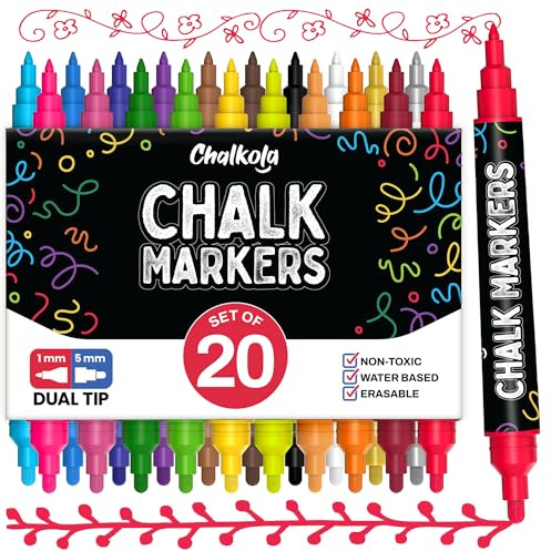 Chalkola 20 Kreidestifte für Tafel Abwaschbar mit Doppelspitze | Kreidemarker - 1mm + 5mm Fein & Breit, Kreidestift für Fenster, Auto, Glas, Spiegel, Bistro & Tafel - Fenstermalstifte