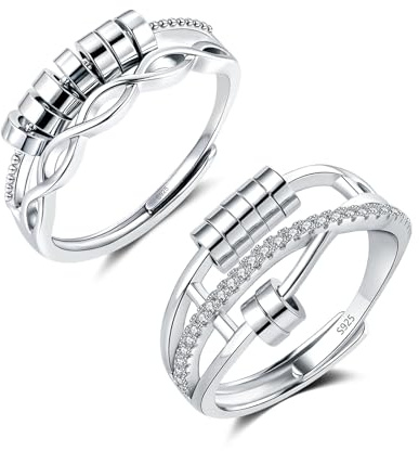 Lynizo Anxiety Ring, 2PCS 925 Sterling Silber Stress Ring Set für Damen | Liebespaar Verstellbar Anti Stress Ringe, Angst Ringe mit Perlen Zirkon, Paar Romantisch Dekompressionsringe für Frau Herren