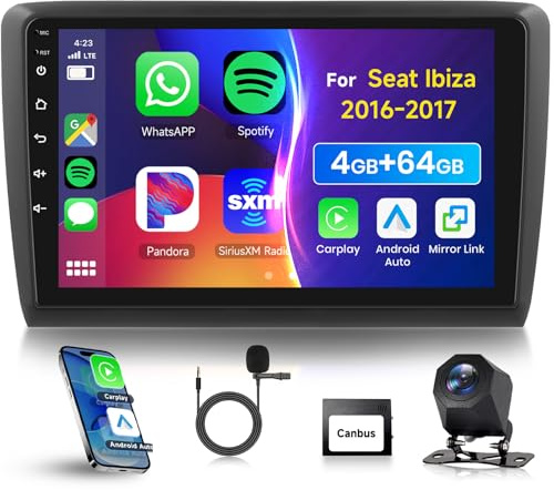 4G 64G VECHTEL 9 Radio para Seat Ibiza 2016-2017 Carplay Android Auto,Android 15,DSP EQ,Bluetooth WiFi GPS,RDS/FM Radio con cámara de visión Trasera AHD