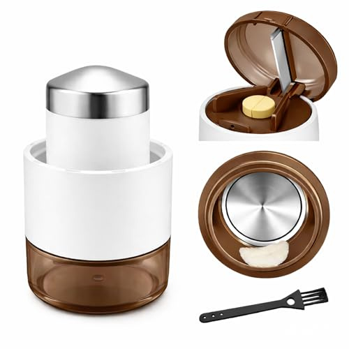 Tablettenmörser 3-in-1 mit Edelstahl-Mahlkopf, Tablettenteiler | Tablettenschneider – zermahlt Tabletten zu feinem Pulver, BPA-frei, für Senioren & Haustiere, inkl. Reinigungsbürste