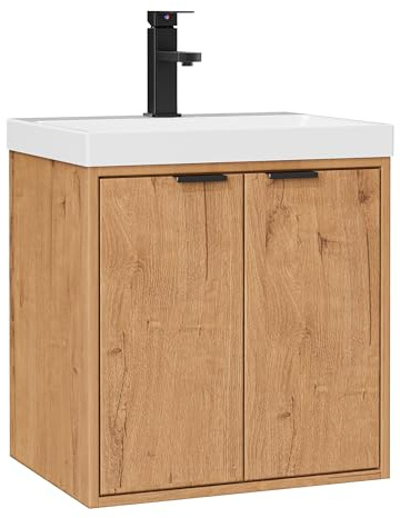 UEV Badrumsmöbel med 2 dörrar och konsthartsvask, hängande badrumsskåp med unikt design och komfort, möbelset med naturligt trämönster, 49 x 37,5 x 50 cm, naturligt