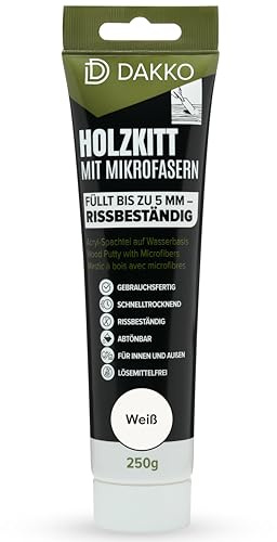 DAKKO Holzkitt 250 g Weiß Holzspachtelmasse mit Bambusfasern - Füllmasse zur Reparatur von Schäden für Möbel Türen und Risse Innen und Außen schnelltrocknend rissbeständig