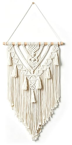 Makramé väggbonad av bomull, 70 cm (B) x 40 cm (L) handgjord makramé gobeläng, boho-dekoration, vävd gobeläng med tofsar, väggdekoration, lägenhet sovrum, balkong, dekoration