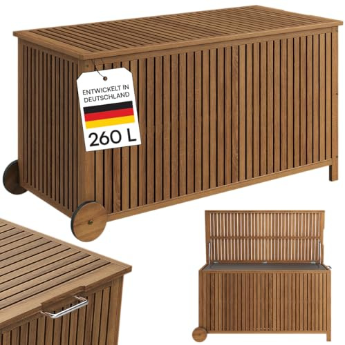 STEELSØN Alkes Aufbewahrungsbox mit 2 Rädern, Akazienholz geölt, Gartenbox | Auflagenbox mit hochwertiger Innenplane, Outdoor Kissenbox mit klappbarem Deckel, wetterfeste Sitztruhe, 114x52x59 cm