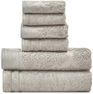 Costa del Pacífico Textiles Damasco Jacquard Toallas con Adornado Frontera Set, algodón, Gris, tamaño Individual, Juego de 6