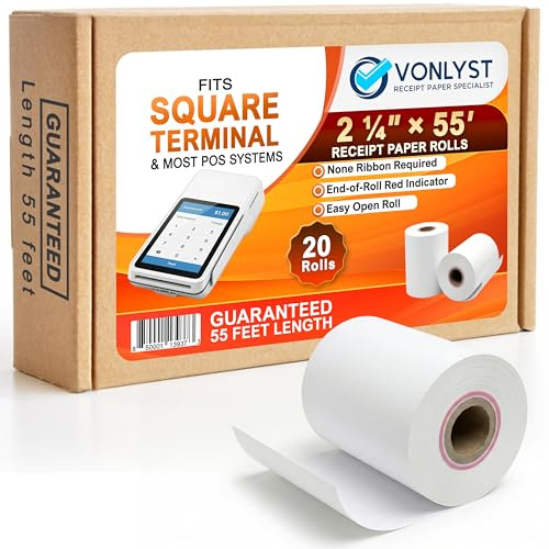 Square Terminal Paper Rolls 2 1/4 x 55' – Vonlyst BPA Free Thermal Receipt Paper for Square Credit Card Machine POS Printer, 20 Pack