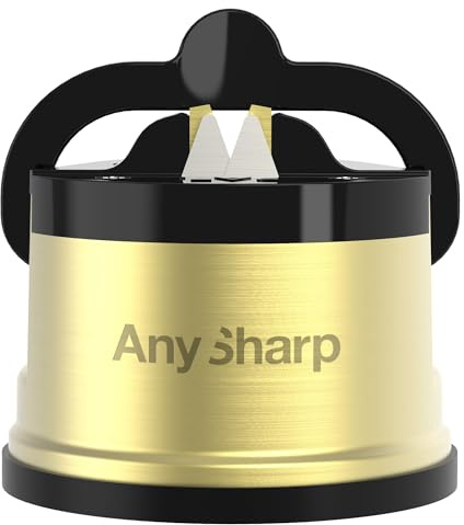 AnySharp Pro Metal Knife Sharpener, Hands-Free Safety, PowerGrip Suction, Sharpens All Kitchen Knives, Ideal for Hardened Steel & Serrated, World's Best, Compact, One Size, Brass, Metal