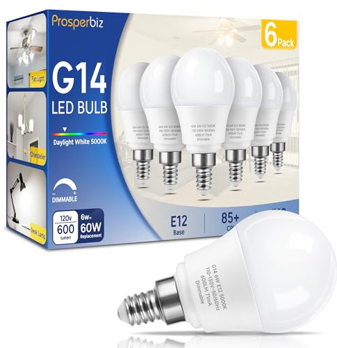 Prosperbiz E12 Dimmable 6 watt (60w Equivalent) LED Light Bulbs, G14 Ceiling Fan Light Bulbs Daylight White 5000K, Candelabra Base Globe Shape LED Bulbs, 600 Lumen, 6 Pack