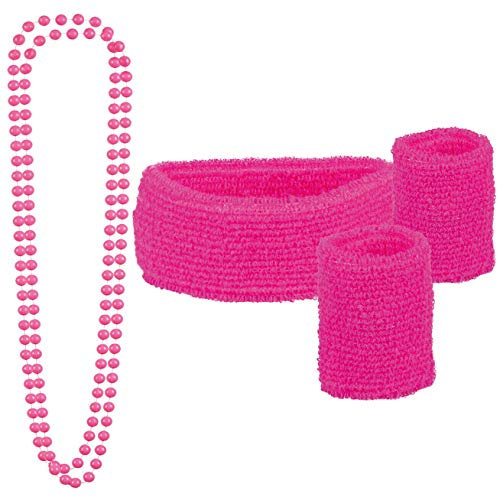 Goldschmidt Kostüme 80er Jahre Accessoires | 5-Teiliges Set | Schweißbänder und Perlenketten | Achtziger Neon Schmuck | Aerobics 80s Verkleidung Kostüm Zubehör | Farbe wählbar (Pink)