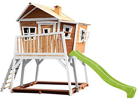 AXI Spielhaus Max mit Sandkasten & hellgrüner Rutsche | Stelzenhaus in Braun & Weiß aus FSC Holz für Kinder | Spielturm mit Wellenrutsche für den Garten..