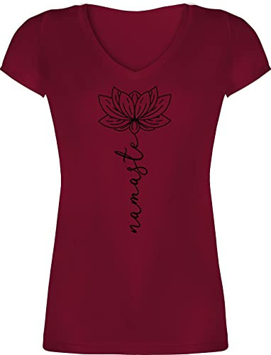 Shirtracer - T-Shirt Damen V Ausschnitt - Yoga und Wellness Geschenk - Namaste mit Lotusblüte weiß