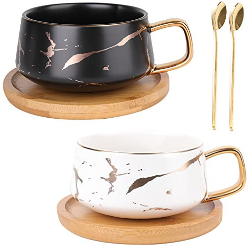 Peohud 2 Pack Ceramic Tea Cup and Saucer Sets, 300ml Marble Cappuccino Mugs, Porcelain Coffee Mug with Spoon and Bamboo Saucer, Marble Espresso Cups for Latte, Americano, White and Black