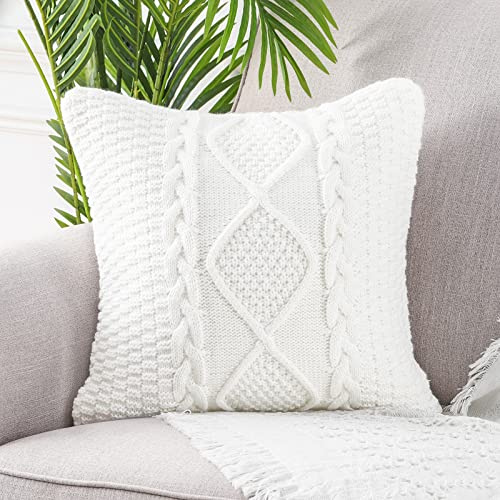 Mandioo Baumwolle gestrickte weiße dekorative Lumbar Wurf Kissenbezüge Weiche Gemütliche Kissenbezug Luxus Moderne Dekorativ Couchkissen Kissenhülle für Sofa Couch Wohnzimmer 45x45 cm